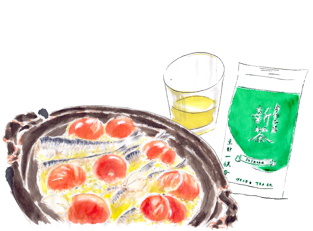 オイルサーディンのアヒージョと冷たい新茶。